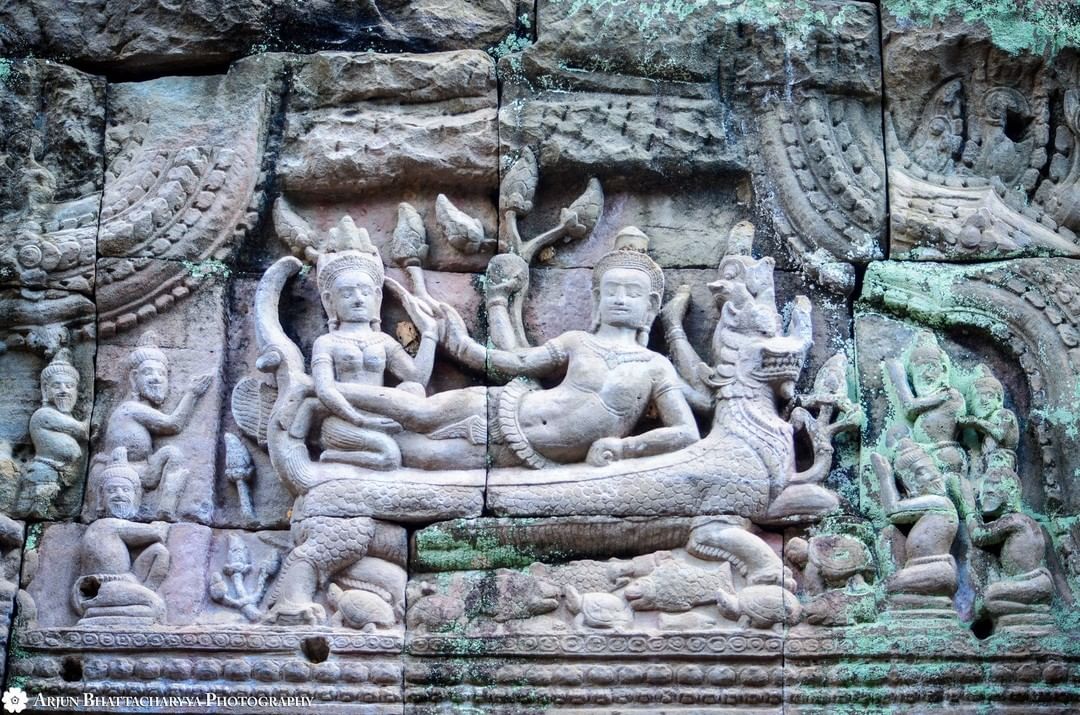 Angkor #Cambodia, carving of God Lakshmi Narayan reclining on serpent on lintel …